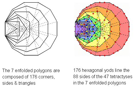 176 hexagonal yods & geometrical elements in 7 enfolded polygons