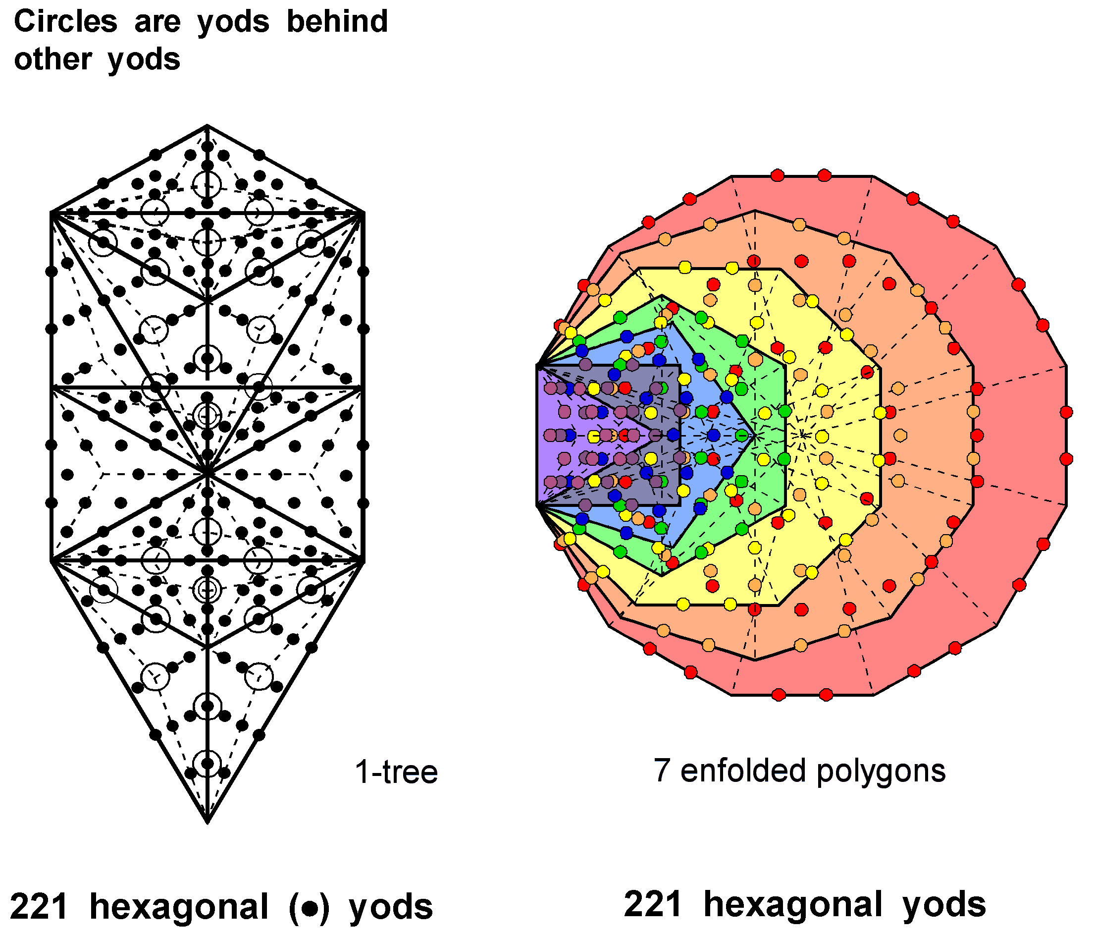 221 hexagonal yods in 1-tree and outside root edge of 7 enfolded polygons