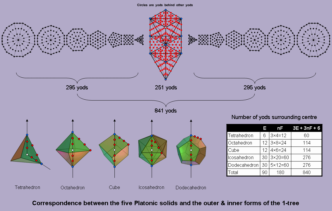 Correspondence between 5 Platonic solids and outer/inner forms of 1-tree