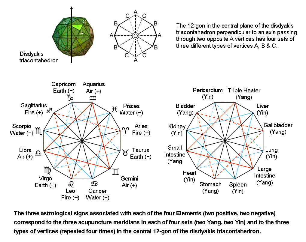 Correspondence between 12 astrological signs, 12 meridians & 12 vertices of 12-gon in disdyakis triacontahedron