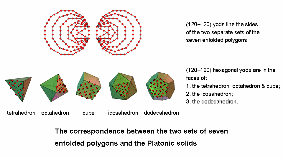 Correspondence between Platonic solids & two sets of 7 enfolded polygons