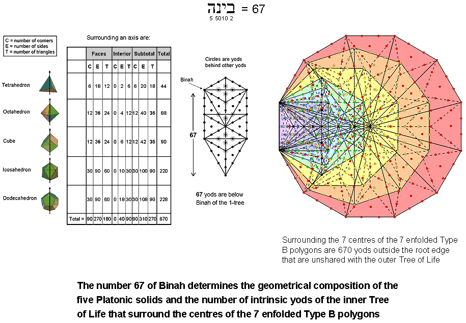 Number of Binah in 5 Platonic solids and the 7 enfolded Type B polygons