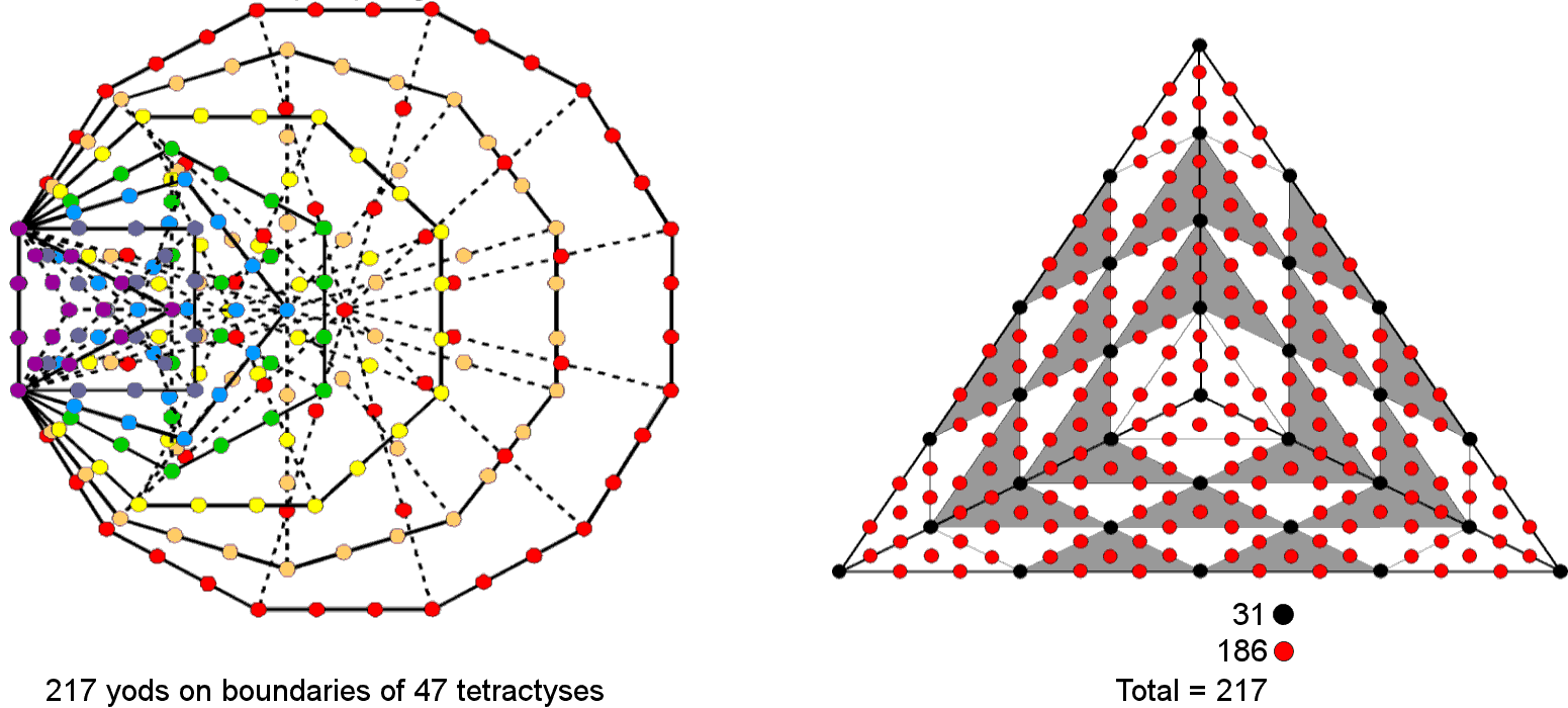 Triangle embodies 217 boundary yods in 7 enfolded polygons